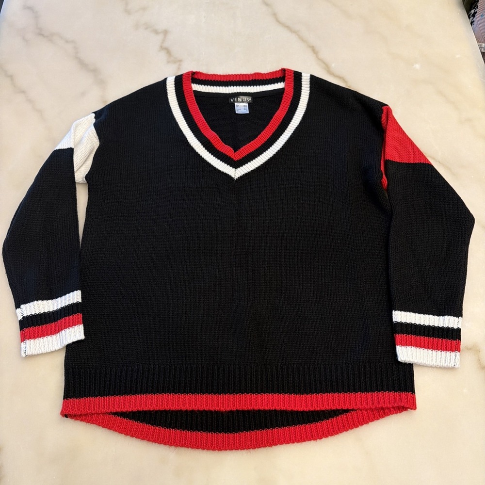Venus Women's Knit Colorblock V-Neck Sweater Size M Black White Red 100% Acrylic